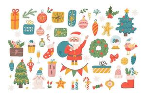 großer weihnachtssatz dekorativer elemente und zeichen für design. weihnachtsmann, weihnachtsbaumspielzeug, geschenke, süßigkeiten. Vektor flache Illustration auf weißem Hintergrund im handgezeichneten Stil