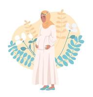 schwangere frau mit hijab 2d-vektor isolierte illustration. flache figur der mutterschaft auf karikaturhintergrund. erwartet baby bunte editierbare szene für handy, website, präsentation vektor