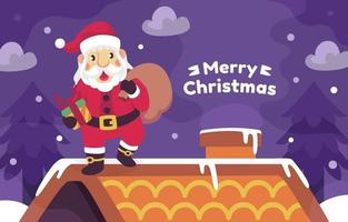Santa kommt mit Geschenken auf dem Dach vektor