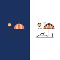 strand solstol semester ikoner platt och linje fylld ikon uppsättning vektor blå bakgrund