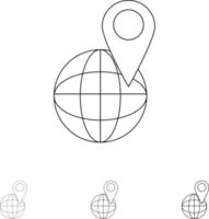 Globale Standortkarte Welt fett und dünne schwarze Linie Symbolsatz vektor