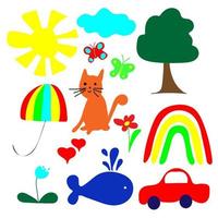 Kinderhandzeichnung für Textilien, Poster, Postkarten. Stoff Kinderdesign. helle Blumen, Regenbogen, Regenschirm und mehr. vektor