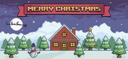 pixel konst jul landskap på natt med röd hus, jul träd, snögubbe, santa claus, tall träd, band med glad jul 8 bit spel bakgrund vektor