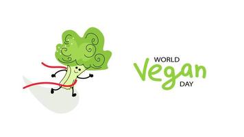 värld vegan dag, rolig broccoli karaktär idrottsman, koncept av friska äta.vektor platt tecknad serie baner för social media vektor
