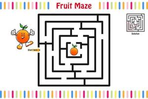 Labyrinth-Puzzle, Lernlabyrinth für Kinder mit Früchten, Labyrinth für Kinder, isolierte Vektorillustration, Maskottchen-Cartoon-Stil, Fruchtcharaktere vektor