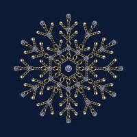 ausgefallene Schneeflocke aus Schmuck Goldketten, glänzende Kugelperlen, blaue Edelsteine. 6 seitliche Schneeflocke. elegante juwelenillustration für winterschlussverkauf, weihnachten, neujahrsfeiertage, geschenkdekoration. vektor