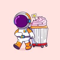 Der Astronaut hält den Cupcake-Wagen mit der Sahne vektor