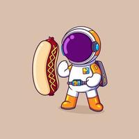 Der Astronaut bekommt einen großen Hotdog vor sich und nimmt ihn sehr gerne vektor