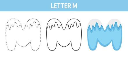 buchstabe m schneeverfolgungs- und farbarbeitsblatt für kinder vektor