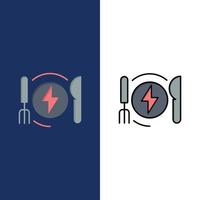 verbrauch energie abendessen hotel symbole flach und linie gefüllt icon set vektor blauen hintergrund