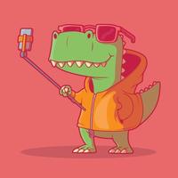 t-rex-charakter, der selfie-vektorillustration nimmt. technologie, tier, lustig, designkonzept. vektor