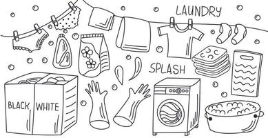 tvätt objekt klotter uppsättning. tvättning maskin, tvättning pulver, styrelse och Övrig, isolerat vektor illustration.