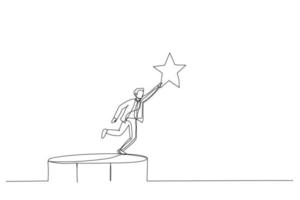 Zeichnung eines Geschäftsmannes, der auf einem Trampolin springt und hoch fliegt, um den Stern zu schnappen. Metapher für Leistung. Kunststil mit durchgehender Linie vektor