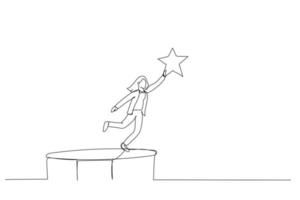 Karikatur einer Geschäftsfrau, die auf einem Trampolin springt und hoch fliegt, um einen Stern zu schnappen. Metapher für Leistung. Einzeiliger Kunststil vektor