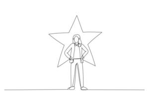 illustration av affärskvinna stående med lysande stjärna på hans bakgrund. enda kontinuerlig linje konst stil vektor