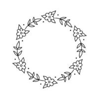 blommig krans isolerad på vit bakgrund. rund ram med blommor. vektor handritade illustration i doodle stil. perfekt för kort, inbjudningar, dekorationer, logotyper, olika mönster.