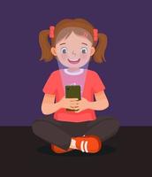 söt liten flicka spelar spel med smart telefon på natt med blå ljus reflexion skadlig till ögon vektor
