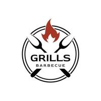 grillad utegrill typografi logotyp design med korsade brand och spatula.logos för restauranger, kaféer och barer. vektor