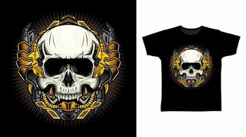 mekanisk skalle med guld rustning illustration t-shirt design begrepp. vektor