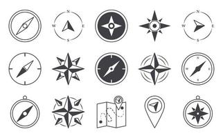 Kompassrose Navigation Kartografie Reisen erkunden Gerätesymbole Set Line Design Icon vektor