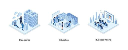 data Centrum begrepp med karaktär, studenter studie uppkopplad i universitet eller högskola campus, företag Träning eller kurser begrepp, uppsättning isometrisk vektor illustration