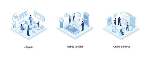karaktär stående nära handla rabatt kupong, pengar överföra begrepp, förändrad verklighet för bank begrepp, uppsättning isometrisk vektor illustration