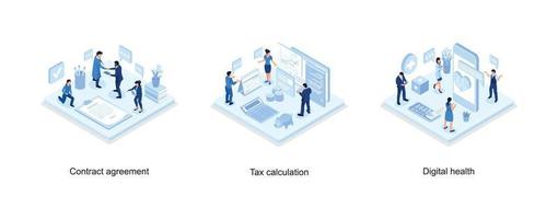 charaktere, die nach unterzeichnung des offiziellen vertragsdokuments die hände schütteln, schreibtisch mit dokumenten für die steuerberechnung, digitales gesundheitskonzept, isometrische vektorillustration vektor