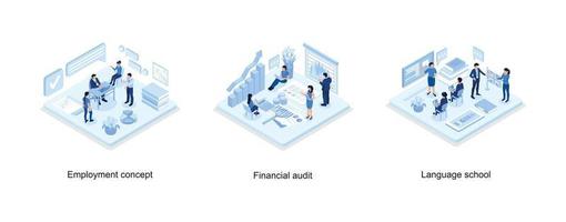 sysselsättning begrepp med karaktär, finansiell granska företag begrepp, språk skola begrepp baner med karaktär, uppsättning isometrisk vektor illustration