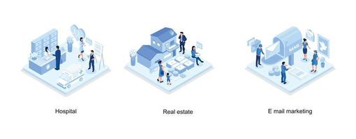 sjukhus byggnad och ambulans bil, människor investera pengar i verklig egendom fast egendom, människor tecken stående nära Brevlåda och sändning mejl, uppsättning isometrisk vektor illustration