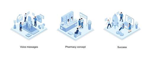 röst meddelanden begrepp med karaktär och text plats, läkare apotekare och patient i apotek, börja begrepp med raket lansera, uppsättning isometrisk vektor illustration