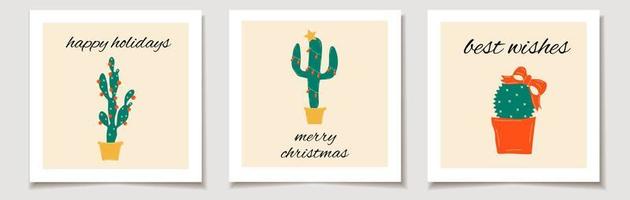 jul vektor gåva kort eller märka uppsättning kaktusar med festlig kransar glad jul text, bäst lyckönskningar.