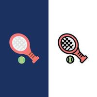 Ballschläger Tennis Sport Symbole flach und Linie gefüllt Symbolsatz Vektor blauen Hintergrund