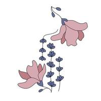Magnolien-Lavendelblumen-Design, botanische Farbe, dünne Linie Doodle. florale Motive für Tattoo-Print-Wandkunst-Cover. ästhetisch elegante subtile einfache trendige konturvektorillustration. vektor