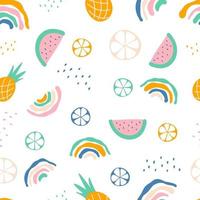 sömlös abstrakt boho mönster med vattenmelon ananas skivad torr citrus- regnbåge, sommar barn bakgrund. omslag, omslag papper, kort, affisch vektor illustration