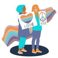 Frauenprotest. lgbtq-diversitätsregenbogen unterstützendes konzept. Regenbogen-LGBT-Flaggenwelle. glücklicher Stolztag. Liebes- und Friedensslogan. glückliches lesbisches paar mit plakaten. herz- und friedenszeichen-vektorillustration vektor
