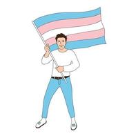 stolthet trans person innehav trans flagga. Lycklig HBTQ aktivist, fira trans medvetenhet vecka. söt karaktär, design element för banderoller, flygblad. vektor