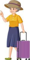 en kvinna senior tecknad serie karaktär med resa bagage vektor