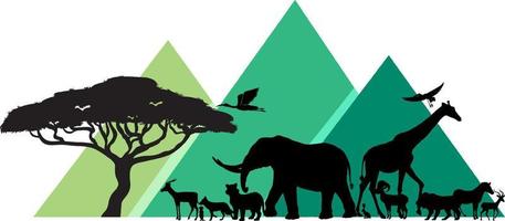 Silhouette wilder Tiere mit grünem Berg vektor