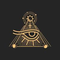 Horusauge und ägyptische Pyramide, Kreuz und Sonnenzeichen vektor