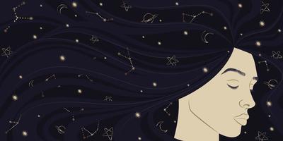 sovande kvinna. natt himmel i din hår. stoke vektor illustration.