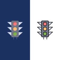 Verkehrszeichen leichte Straßensymbole flach und Linie gefüllt Icon Set Vektor blauen Hintergrund