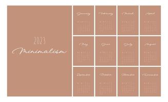 Kalender 2023 im trendigen minimalistischen Stil. Set mit 12 Seiten Tischkalender. 2023 minimales Kalenderplaner-Design für Druckvorlagen. Vektor-Illustration vektor