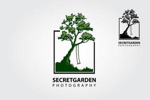 Logo-Vorlage für geheime Gartenfotografie. foto natur ist ein bild der kamera und blätter um sie herum objektiv. vektor