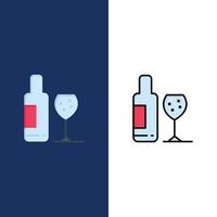 trinken Flasche Glas Liebe Symbole flach und Linie gefüllt Symbolsatz Vektor blauen Hintergrund