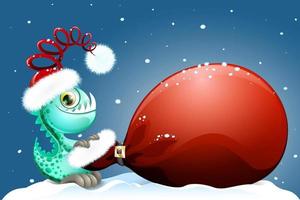 söt tecknad serie dinosaurie i jultomten hatt med stor jultomten väska på de snöig natt bakgrund vektor