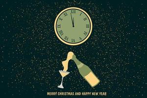 champagne flaska och Kolla på. Lycklig ny år hälsning kort. vektor