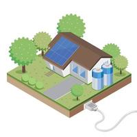 sol- cell panel, Sol kraft, hus, elektricitet, batteri, rena energi, ekologi, vektor isometrisk illustration och elektrisk plugg i