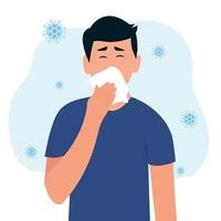 Mann niest und benutzt Papierserviette. wie man richtig niest. Virusprävention verbreitet. flache vektorillustration. saisonale allergien. Gesundheitskonzept. vektor