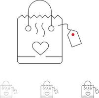 handväska kärlek hjärta bröllop djärv och tunn svart linje ikon uppsättning vektor