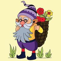 gnome med en väska av blommor gåva eller dvärg- tecknad serie karaktär vektor illustration konstverk